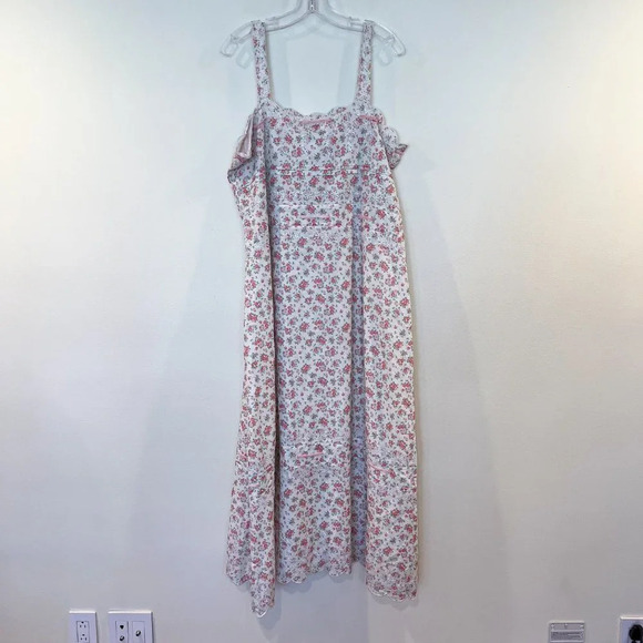 Praerie Brittany Pink Floral Lace Cottagecore Preppy Button Down Midi Dress L - Picture 10 of 10